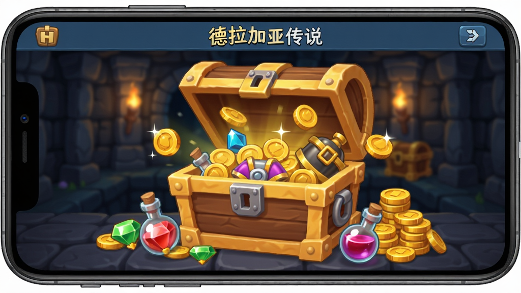 一个手机屏幕显示德拉加亚传说:放置地牢的离线收益结算界面,画面中央是一个巨大的宝箱正在打开,金币与装备从箱中喷涌而出,背景是模糊的地牢场景,界面布局简洁,风格为卡通渲染,细节包括闪闪发光的宝石、经验药水、金币堆叠,画质高清,干净无多余元素