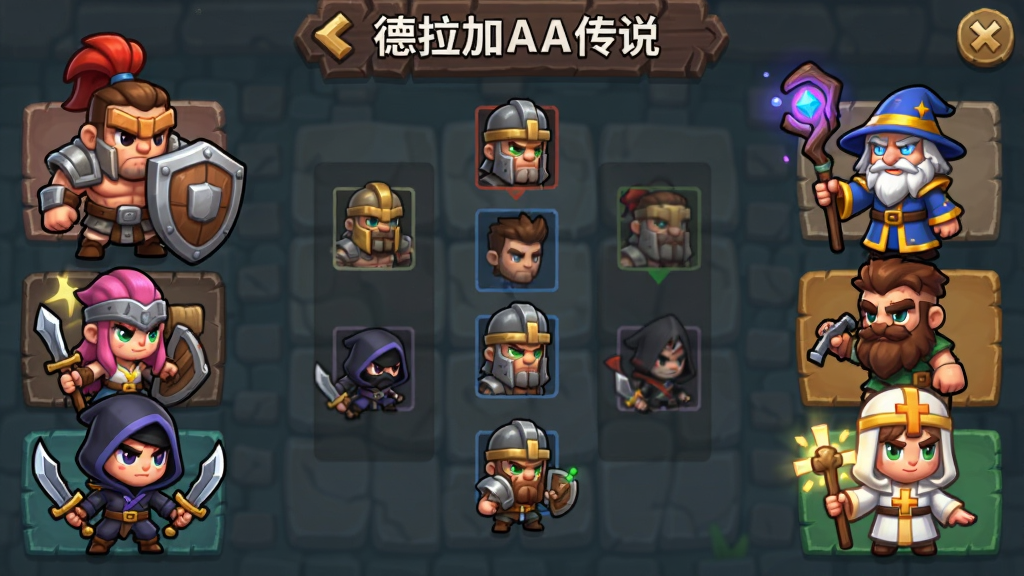 德拉加亚传说:放置地牢的英雄选择界面,画面展示八位不同职业的Q版英雄排列在屏幕两侧,中间是阵容站位图,风格为欧美卡通,细节包括战士的盾牌、法师的法杖、刺客的双刃、牧师的圣光,画质清晰,布局为横屏界面,干净无多余元素