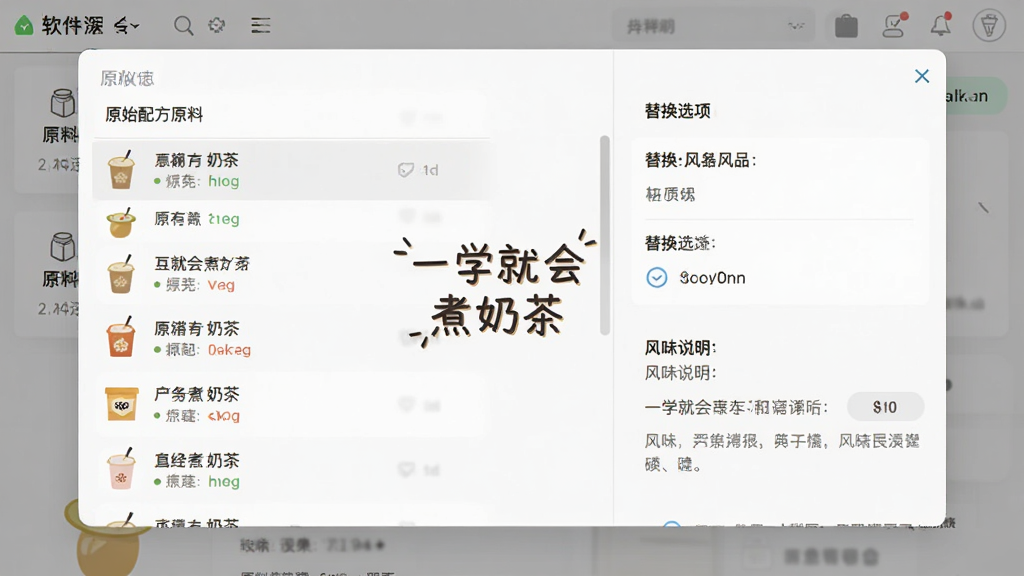 软件界面展示原料替换建议弹窗,左侧是原始配方原料列表,右侧是替换选项和风味说明,界面中央有