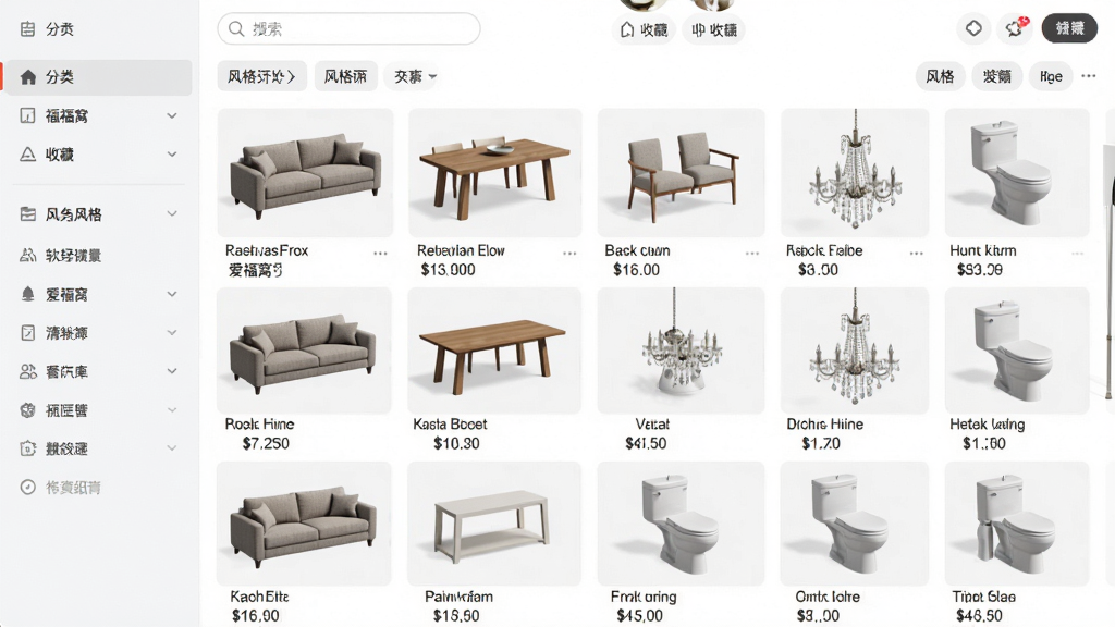 爱福窝装修设计软件素材库界面截图,画面展示网格状排列的家具模型缩略图,包括布艺沙发、实木餐桌、水晶吊灯、陶瓷洁具等,每个模型下方标注名称与价格,布局为左侧分类导航、右侧模型网格,风格为清爽浅色,细节包括搜索框、收藏按钮、风格筛选标签,画质高清,干净,无多余元素