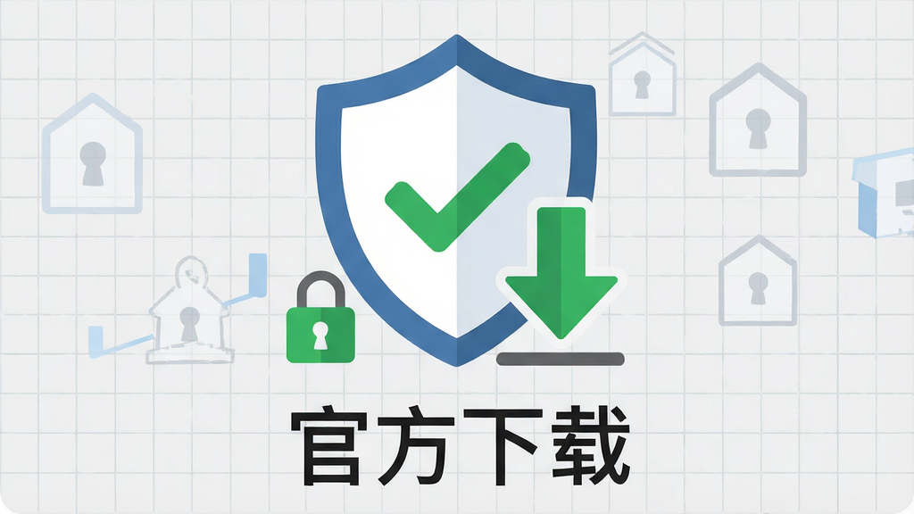 爱福窝装修设计软件安全下载提示图,画面主体是一个盾牌图标与下载箭头组合,背景为浅灰色网格,盾牌上带有对勾符号,下方显示“官方下载”四个字,布局为居中对齐,风格为扁平化安全主题,细节包括锁形图标、绿色安全标识,画质高清,干净,无多余元素