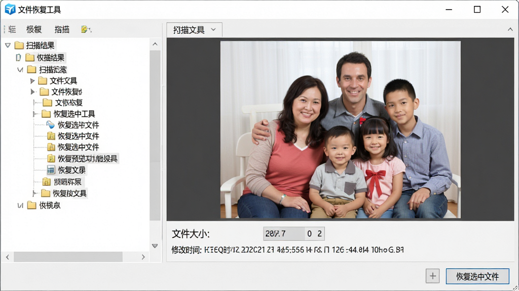 软件预览功能展示图,画面中“文件恢复工具”软件界面展示扫描结果,左侧树形目录展开,右侧大图预览一张家庭合影照片,照片下方有文件大小、修改时间等信息,界面底部有“恢复选中文件”按钮,整体布局为经典三栏式,风格为清爽办公风,细节上预览图清晰,背景为白色与浅灰搭配,画质高清,干净,无多余元素