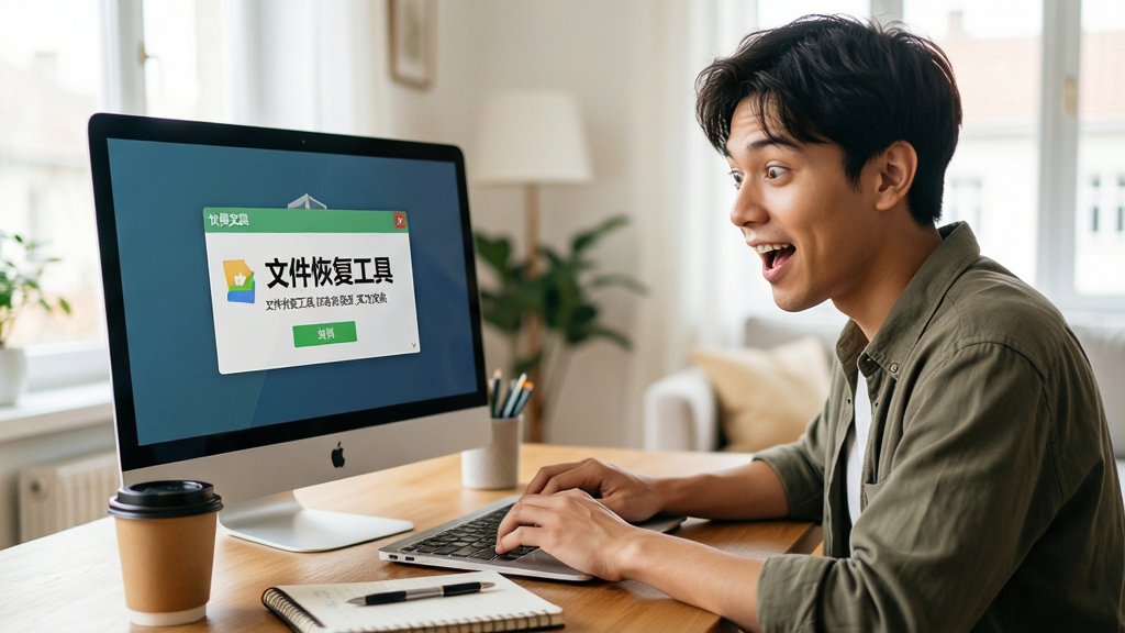 文件恢复工具用户问答场景图,画面中一位年轻人在笔记本电脑前露出惊喜表情,屏幕上显示“文件恢复工具”成功找回文件的提示框,桌面上有咖啡杯和记事本,布局为人物半身加屏幕特写,风格为温馨生活化摄影风,细节上屏幕文字清晰可辨,背景为明亮室内环境,画质高清,干净,无多余元素