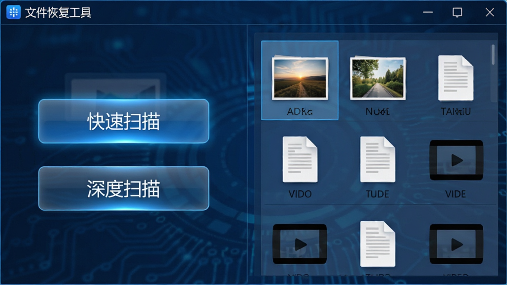软件功能展示图,画面中“文件恢复工具”软件界面分为左右两栏,左侧高亮显示“快速扫描”与“深度扫描”两个按钮,右侧以列表形式展示扫描出的照片、文档、视频文件缩略图,背景为深蓝色科技纹理,排版整齐,风格为专业软件截图风,细节上按钮有微光效果,画质高清,干净,无多余元素