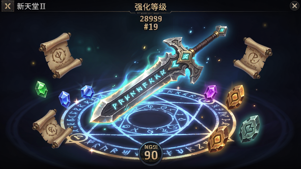 一张展示新天堂II武器强化界面的画面,主体为一把发光的巨剑悬浮在魔法阵中央,周围环绕着强化卷轴、宝石和附魂石,布局为居中构图,排版突出武器与强化材料,风格为奇幻游戏UI概念图风格,细节包括剑身上的符文光芒、魔法阵的纹路、强化等级的数字显示、背景的暗色渐变,画质为高清,干净,无多余元素