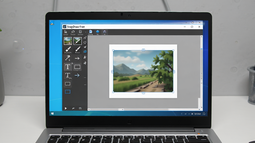 整体画面展示一台Windows笔记本电脑屏幕中央打开SnapDraw-Free软件主界面,界面左侧为工具栏排列截图、画笔、箭头、文字、矩形等图标,右侧为画布区域显示一张正在标注的图片,桌面干净整洁,背景为浅灰色工作台环境,风格为写实软件截图展示,细节包括图标清晰、按钮有轻微高光、画布边缘整齐,画质高清,干净,无多余元素