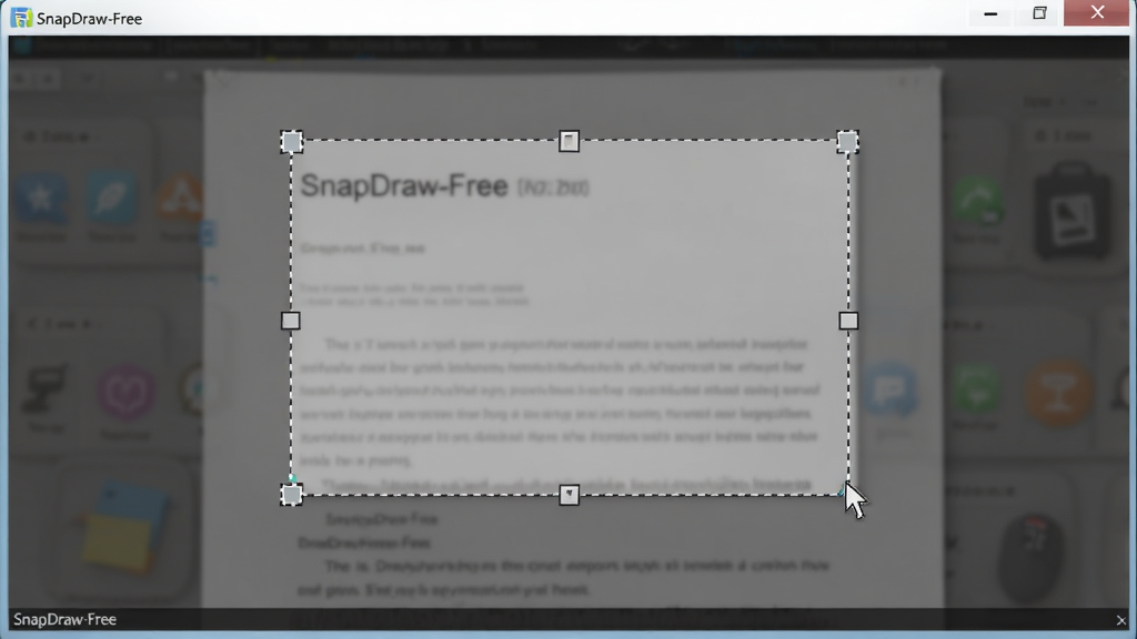 画面中央展示SnapDraw-Free软件截图操作过程,屏幕上出现半透明选区框正在框选一份文档内容,选区边缘有虚线提示,周围背景略微变暗突出选区,软件名称SnapDraw-Free以小字显示在界面角落,布局为俯视屏幕视角,风格为写实软件操作演示,细节包括选区虚线清晰、背景虚化自然、鼠标指针位于选区边缘,画质高清,干净,无多余元素