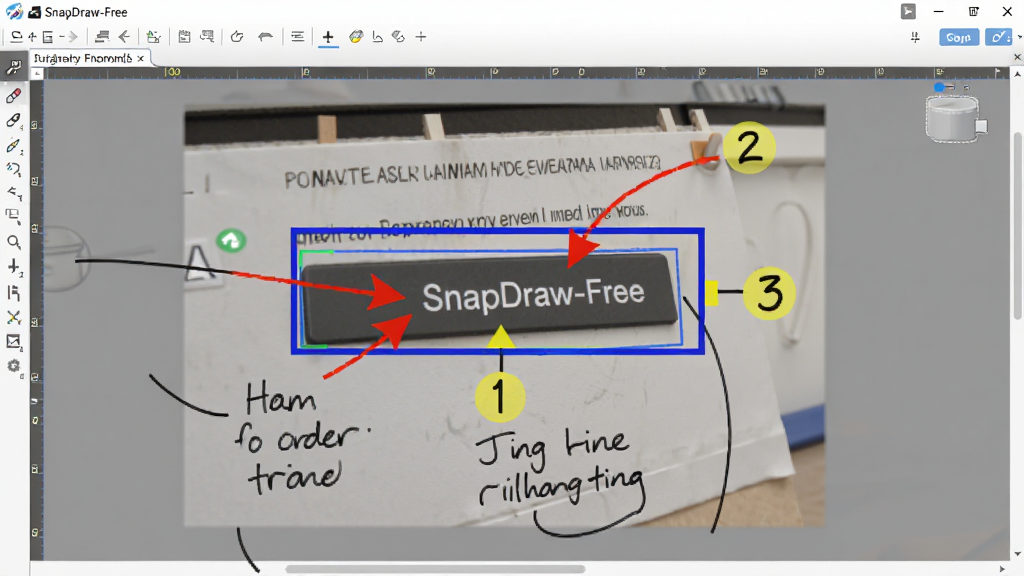画面展示SnapDraw-Free软件编辑界面中一张图片上叠加了多种标注元素,包括红色箭头指向某个按钮、蓝色矩形框选一段文字、黄色序号标注三个步骤、手写文字标注说明,布局为软件画布居中显示,风格为写实软件功能展示,细节包括各标注元素颜色鲜明、线条流畅、文字清晰可读,画质高清,干净,无多余元素
