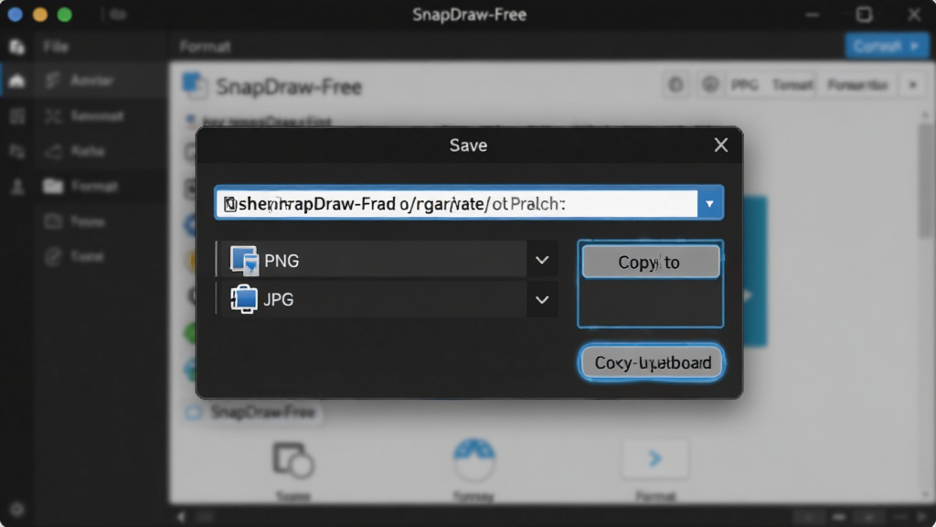 画面展示SnapDraw-Free软件保存界面,屏幕上弹出保存对话框,文件格式选项可见PNG和JPG,旁边有复制到剪贴板按钮高亮显示,背景为软件主界面虚化,布局为居中弹窗展示,风格为写实软件操作界面,细节包括按钮有按压效果、文件路径栏清晰、格式图标可见,画质高清,干净,无多余元素