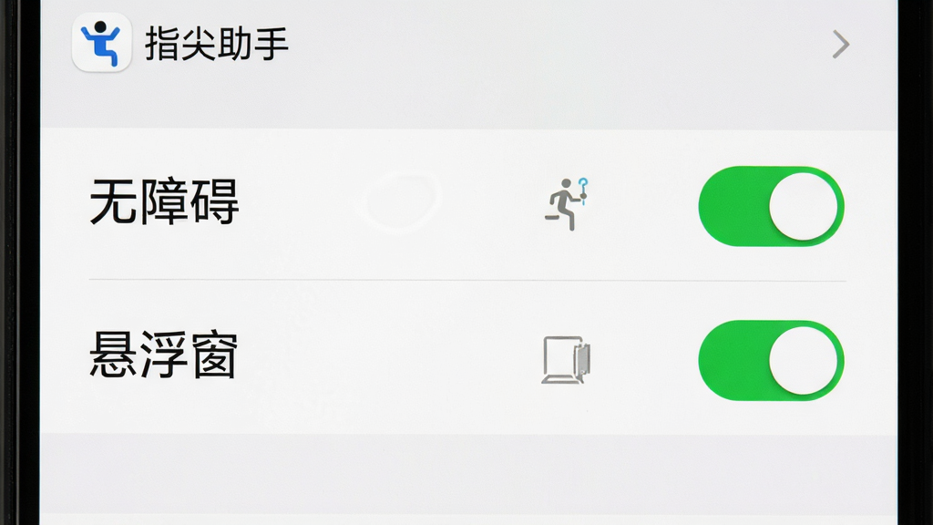 一张展示手机系统设置界面的图片,画面中高亮显示“无障碍”和“悬浮窗”两个权限开关,开关处于开启状态,旁边有“指尖助手”的应用图标,风格为清晰的手机系统UI截图风格,细节包括设置项文字和开关状态,画质高清,无多余元素