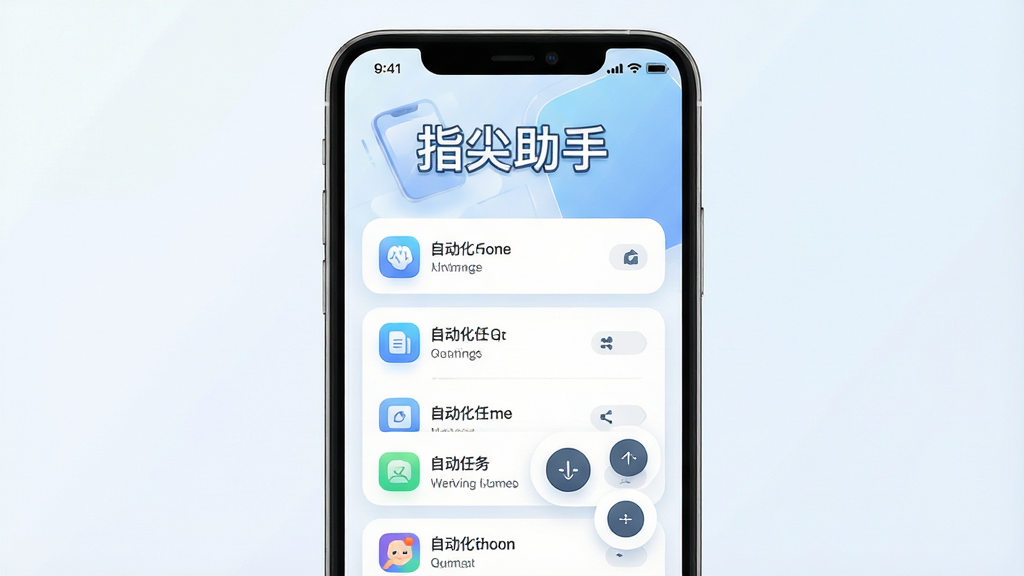 一张展示智能手机屏幕的图片,屏幕中央显示“指尖助手”软件主界面,界面采用简洁的卡片式布局,上方有醒目的软件名称“指尖助手”文字,下方排列着自动化任务列表和悬浮控制按钮,背景是干净的浅色渐变,风格为现代科技感UI设计,细节包括圆角图标和清晰的按钮状态,画质高清,干净无多余元素