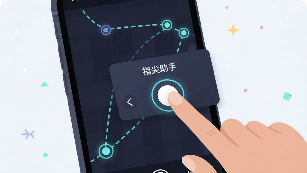 一张展示手机屏幕录制自动化脚本过程的图片,画面中一只手正在点击手机屏幕上的“指尖助手”悬浮窗录制按钮,屏幕背景显示操作轨迹的虚线路径和节点标记,风格为扁平化科技插画,细节包括高亮的点击圆圈和轨迹线条,画质清晰,干净无多余元素