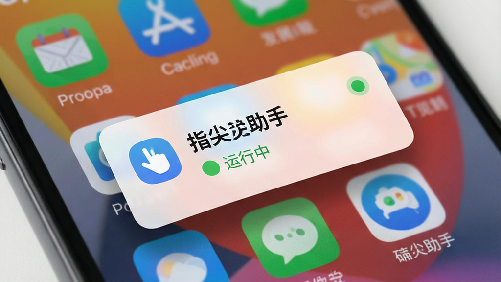 一张展示手机多任务后台界面的图片,画面中“指尖助手”以悬浮卡片形式出现在后台任务列表中,旁边显示“运行中”的绿色状态标识,背景是多个应用图标排列,风格为简洁的扁平化设计,细节包括清晰的文字状态和柔和的光影,画质高清,无杂乱元素