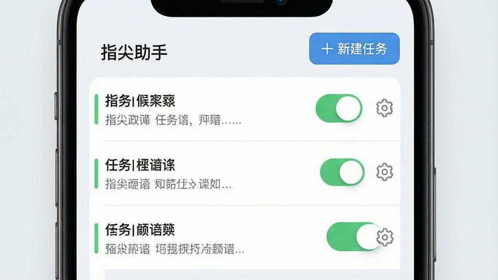 一张展示“指尖助手”任务管理面板的图片,画面中是一个手机屏幕,屏幕内显示多条任务列表,每条任务右侧带有开关按钮和设置齿轮图标,顶部有“新建任务”按钮,风格为清爽的浅色UI设计,细节包括清晰的文字标签和整齐的排版,画质高清,干净无多余元素