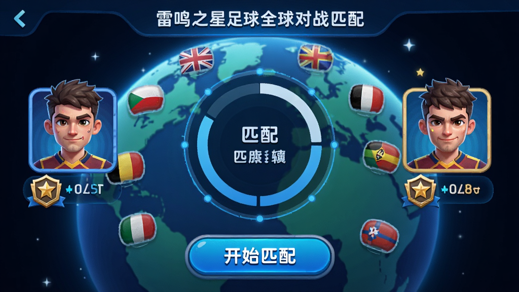 雷鸣之星足球全球对战匹配界面,地球仪背景上显示多个国家旗帜图标,中间是匹配进度圈,两侧有玩家头像与段位徽章,底部有开始匹配按钮,科技感与卡通风格结合,排版清晰,画质干净