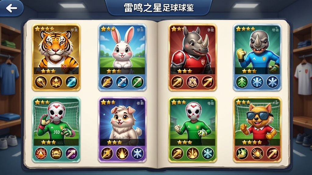 雷鸣之星足球球星图鉴界面,展示多张动物球星卡牌,包括老虎前锋、兔子中场、犀牛后卫、章鱼守门员等,每张卡牌带有星级、等级和技能图标,界面采用卡牌收集册排版,背景是更衣室风格,卡通精致,画质干净无多余元素