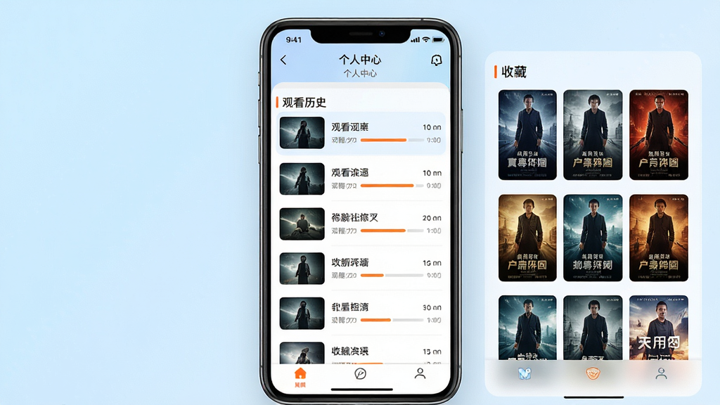 一部手机屏幕显示短剧APP的个人中心页面,页面中包含观看历史列表和收藏夹两个板块,历史记录以缩略图加剧名加进度条的形式展示,收藏夹以网格海报形式排列,整体布局为手机竖屏居中展示,背景为淡蓝色渐变,风格为简洁UI展示风,细节包括界面图标、文字标签、进度条高亮,画质高清,干净,无多余元素