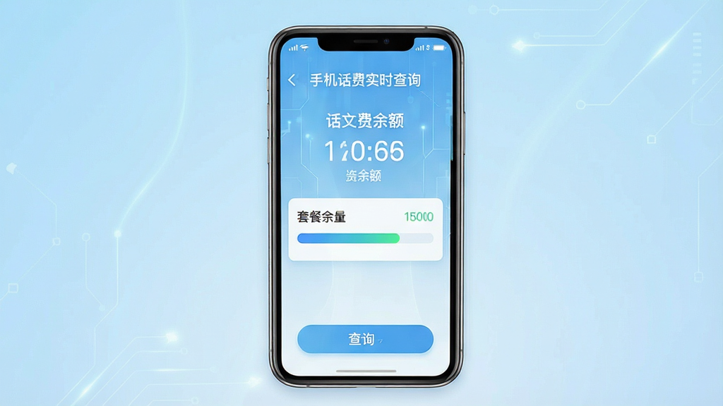 手机话费实时查询软件主界面展示,画面中央放置一部现代智能手机,屏幕显示话费余额数字和套餐余量进度条,背景为浅蓝色渐变,布局简洁明了,排版居中对称,风格清新科技感,细节包含信号图标、电池图标和查询按钮,画质高清干净无多余元素,图片中文字标注