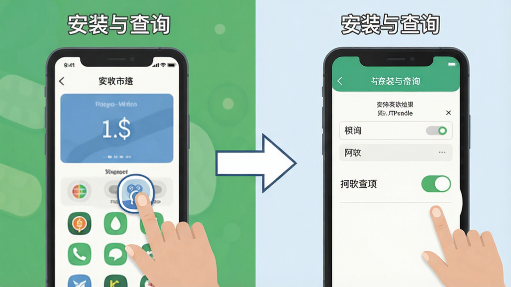 手机话费实时查询使用教程示意图,画面左侧展示手机安装界面,右侧展示查询结果页面,中间用箭头连接,布局为左右对比式,排版直观,风格扁平化设计,细节包含手指点击图标和权限开关示意,画质高清干净无多余元素,图片中文字标注