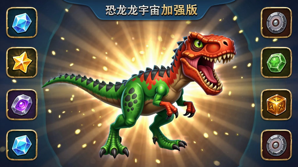 恐龙宇宙加强版恐龙进化界面,主体为一只绿色迅猛龙正在进化为红色狂暴形态,布局采用居中放射状光效,排版四周环绕进化材料图标,风格为魔幻卡通,细节包含光芒粒子与鳞片变化,画质高清干净无多余元素