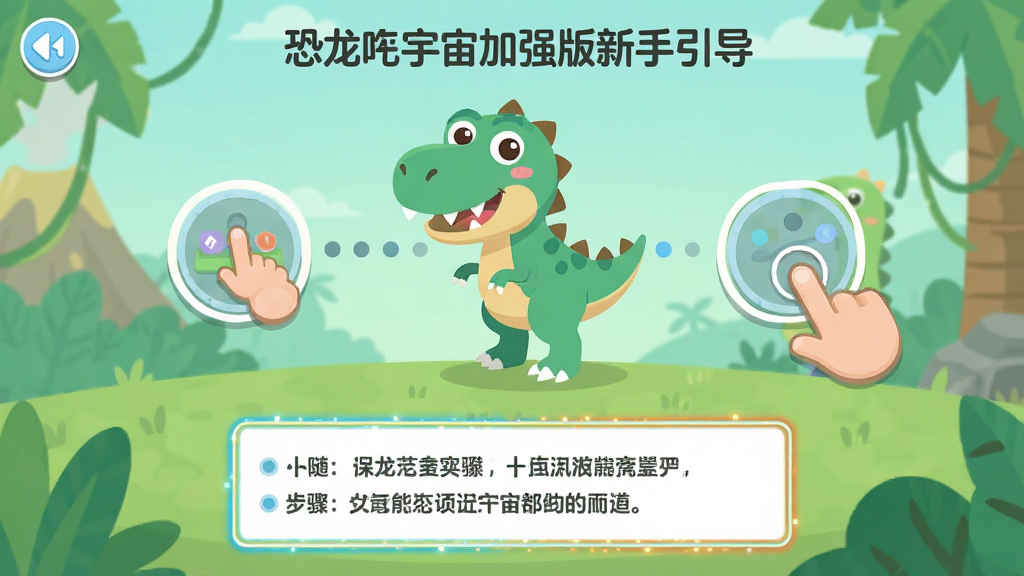 恐龙宇宙加强版新手引导界面,主体为卡通恐龙与手指点击引导图标,布局采用中心聚焦,排版下方为步骤文字,风格为清新扁平,细节包含进度圆点与高亮边框,画质高清干净无多余元素