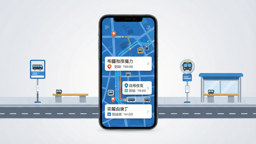 一张手机屏幕展示实时公交定位快查应用主界面的场景图,画面中央是手机竖屏,屏幕内显示蓝色调公交地图与多条公交线路卡片,卡片上标注线路名称与到站时间,手机周围环绕简约的城市道路与公交站牌元素,布局采用中心构图,手机居中,背景为干净的浅灰色渐变,风格为扁平化科技插画风,细节包括地图上的定位图标、公交车辆小图标、站台标记,画质高清,整体干净清爽,无多余元素