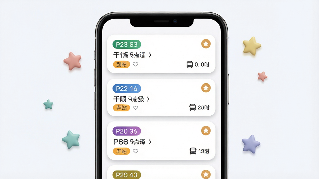 一幅展示实时公交定位快查多线路收藏管理功能的AI生图,画面主体为手机屏幕,屏幕内显示收藏列表,列表中有多条公交线路卡片,每条卡片带有线路编号、方向与到站时间,卡片右上角有星标收藏图标,布局为手机居中,周围漂浮几个小星形装饰,风格为柔和圆角卡片风,细节包括卡片阴影、彩色线路标签、简洁图标,画质清晰,干净整洁,无多余元素