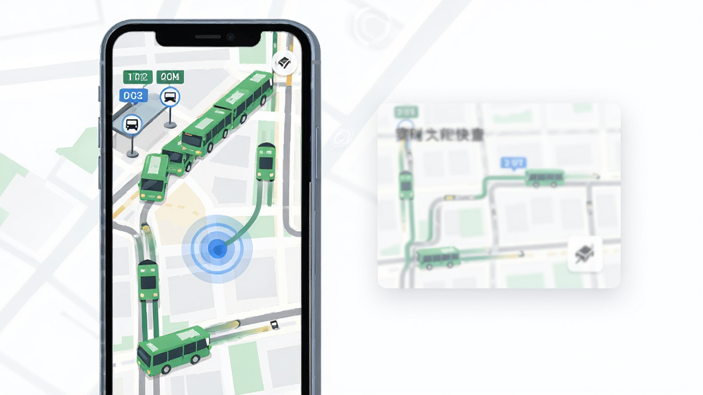 一幅展示实时公交定位快查实时定位追踪功能的AI生图,画面主体是一部智能手机,屏幕内呈现城市地图,地图上有多个绿色公交车图标沿路线移动,蓝色圆点代表用户位置,周围有公交站牌与线路编号标签,布局为手机居中偏左,右侧留白处漂浮半透明的线路信息卡片,风格为现代扁平插画,细节包括道路网格、定位光圈、车辆动态轨迹线,画质清晰,干净整洁,无多余元素