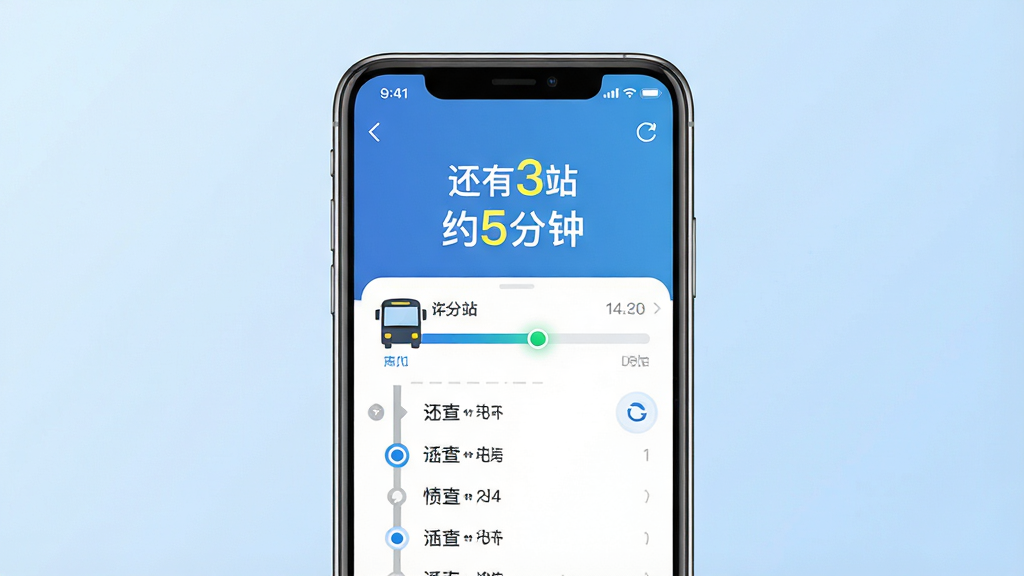 一幅展示实时公交定位快查到站时间预测功能的AI生图,画面中央为手机屏幕,屏幕内显示公交线路详情页,页面上有醒目的