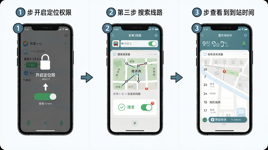 一幅展示实时公交定位快查新手操作步骤的AI生图,画面为手机屏幕分屏展示三个操作步骤,第一步开启定位权限,第二步搜索线路,第三步查看到站时间,布局为横向三格排列,每格内手机屏幕展示对应界面,风格为简洁教程插画风,细节包括步骤数字标签、箭头指引、权限开关图标,画质清晰,干净整洁,无多余元素