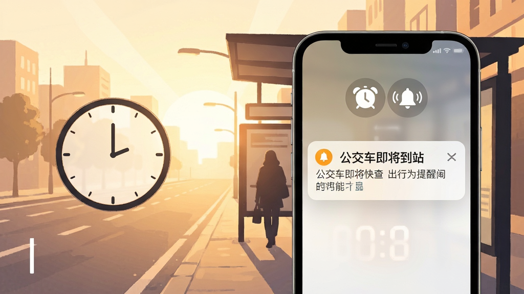一幅展示实时公交定位快查出行为提醒与闹钟功能的AI生图,画面主体为手机屏幕弹出通知提醒,通知内容显示