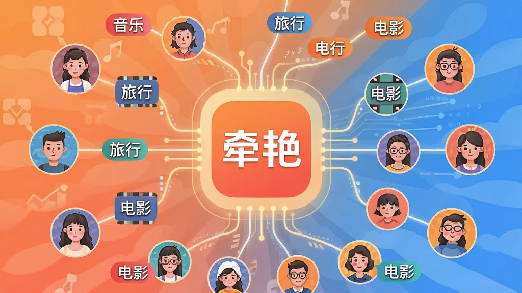 一张表现牵艳智能匹配功能的插画,画面中心是牵艳应用图标,周围环绕多个用户头像与兴趣标签,数据线条连接至中心,布局呈放射状,风格科技感与温暖色调结合,细节包括标签文字如“音乐”“旅行”“电影”,画质清晰,干净无多余元素