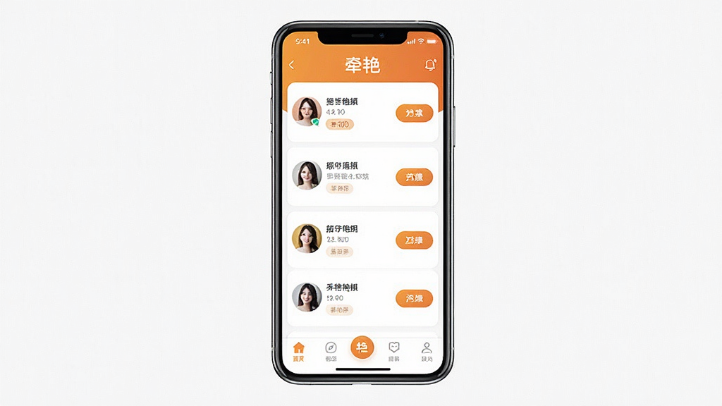 一张展示牵艳社交软件主界面的手机效果图,画面中央为一部竖屏智能手机,屏幕内显示牵艳应用的好友推荐列表与底部导航栏,界面配色以暖橙色和白色为主,布局清晰简洁,风格现代扁平化,细节包括用户头像、昵称标签与互动按钮,画质高清,干净无多余元素