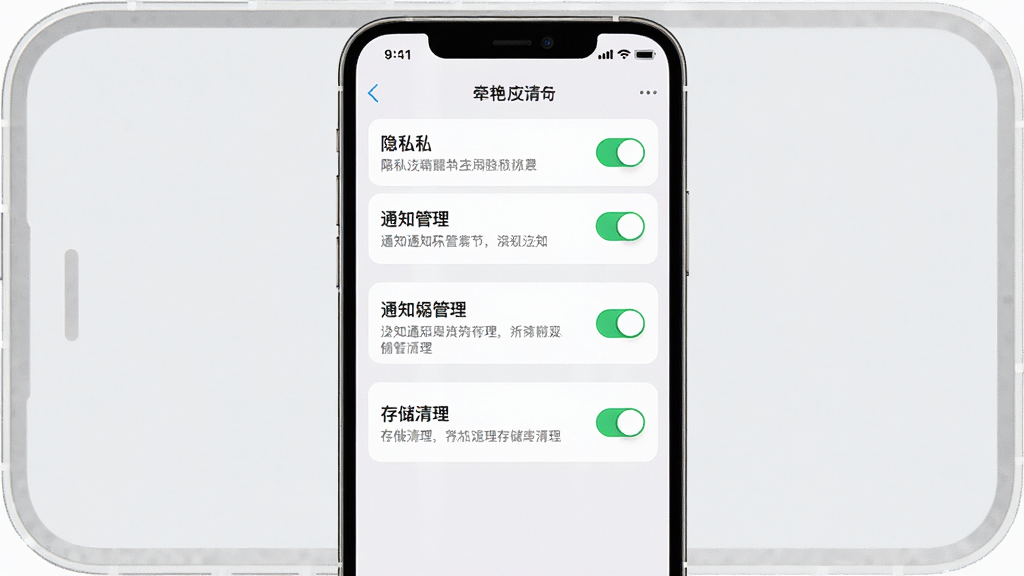 一张展示牵艳应用设置界面的手机效果图,画面为一部手机屏幕,屏幕内显示隐私设置、通知管理与存储清理选项,布局为垂直列表,风格简洁清爽,细节包括开关按钮与文字说明,画质高清,干净无多余元素