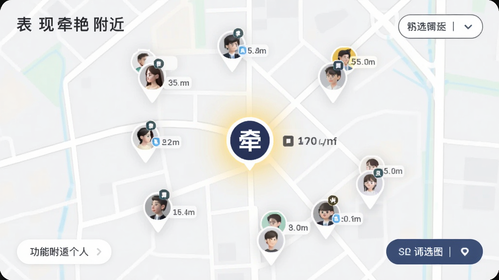 一张表现牵艳附近的人功能的示意图,画面为一张简化城市地图,地图上分布多个用户头像标记,中心位置高亮显示牵艳图标,布局为俯视视角,风格简洁现代,细节包括距离数值与筛选按钮,画质清晰,干净无多余元素