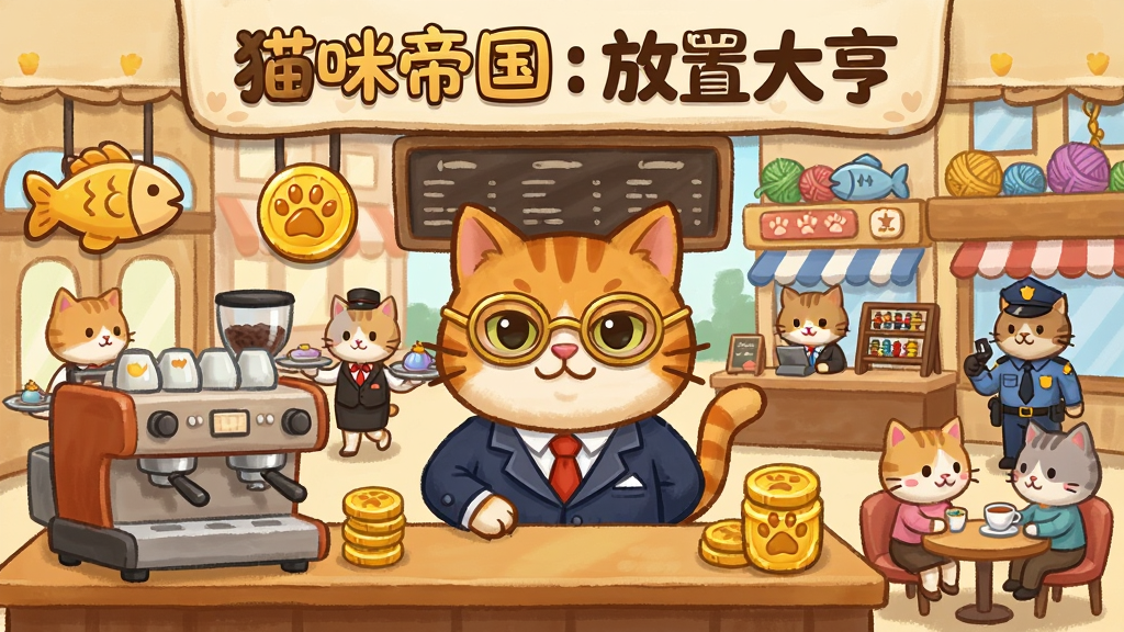 一幅以猫咪经营帝国为主题的游戏场景插画,画面中央是一只穿着西装、戴着金丝眼镜的橘猫老板,站在一间装修豪华的咖啡厅柜台后面,柜台上摆放着咖啡机和金币堆,背景是多层猫咪商业街,有猫咪服务员端着托盘穿梭,有猫咪会计在打算盘,有猫咪保安在巡逻,整体布局为横向宽幅构图,上方留出标题区域,风格为卡通手绘风格,细节包括猫爪印金币、鱼形招牌、毛线球装饰、猫咪顾客在座位上喝咖啡,画质清晰,干净,无多余元素,画面中打上文字“猫咪帝国:放置大亨”