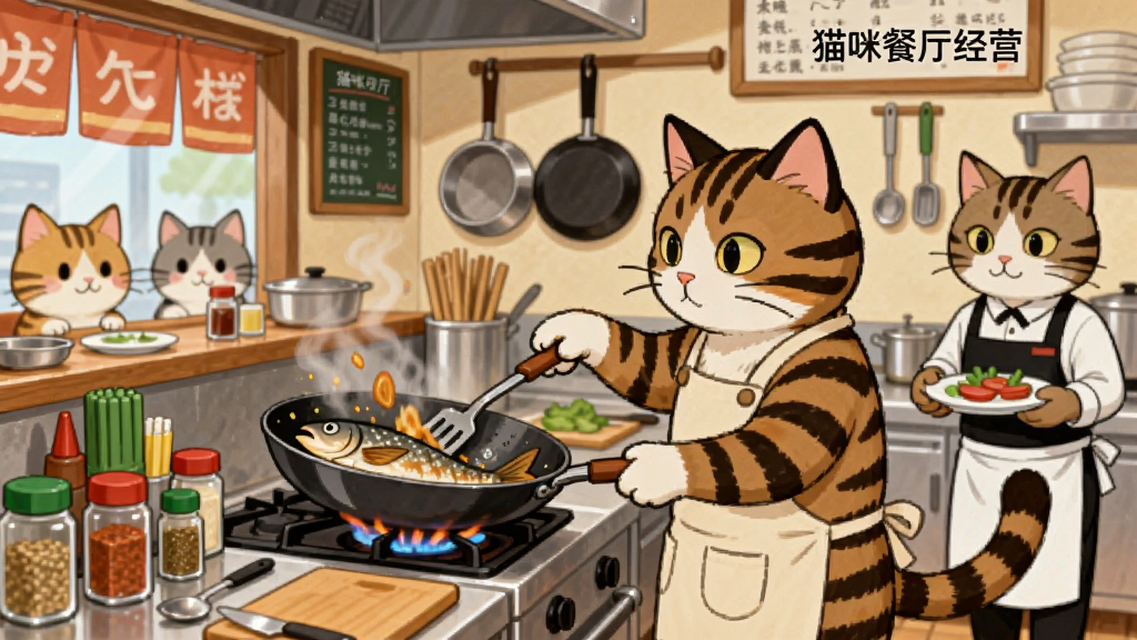 一只穿着围裙的狸花猫站在餐厅厨房里,正在用猫爪翻炒锅里的鱼,灶台上摆满了各种调料瓶,旁边有另一只猫咪服务员端着盘子准备上菜,背景是繁忙的猫咪餐厅后厨,布局为横向构图,风格为日式动画风格,细节包括墙上的菜单黑板、悬挂的锅具、窗外的猫咪顾客,画质清晰,干净,无多余元素,画面中打上文字“猫咪餐厅经营”
