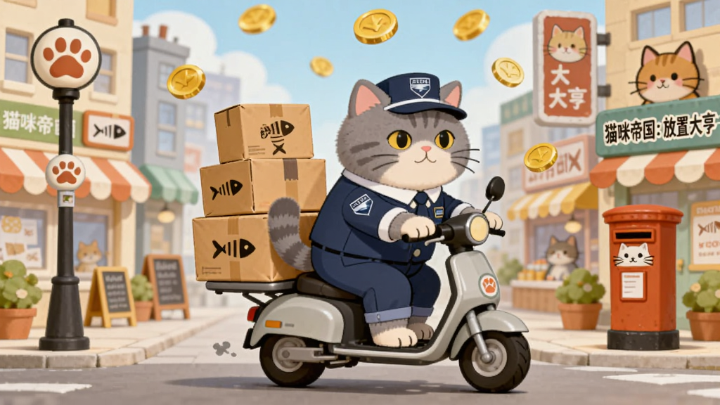 一只穿着邮政制服的英国短毛猫骑着小电动车,车后座上堆满了快递包裹,包裹上印着鱼骨头标志,背景是猫咪城市的街道,有各种猫咪店铺和广告牌,布局为竖向构图,风格为温暖治愈的绘本风格,细节包括路边的猫爪路灯、邮筒上的猫脸图案、天空中飘落的金币雨,画质清晰,干净,无多余元素,画面中打上文字“猫咪帝国:放置大亨”