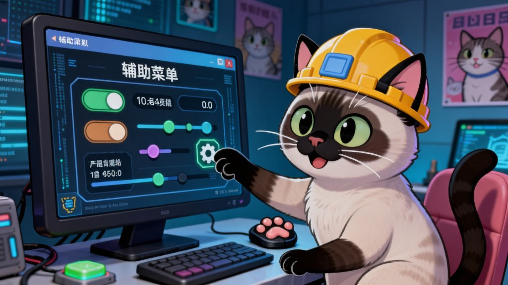 一只戴着工程师安全帽的暹罗猫坐在电脑屏幕前,屏幕上显示着游戏辅助菜单界面,有多个开关按钮和数值调节滑块,猫咪用爪子点击屏幕上的齿轮图标,背景是充满科技感的猫咪控制室,布局为横向构图,风格为赛博朋克卡通风格,细节包括发光的按钮、数据流动的线条、猫爪形状的鼠标、墙上的猫咪海报,画质清晰,干净,无多余元素,画面中打上文字“辅助菜单”