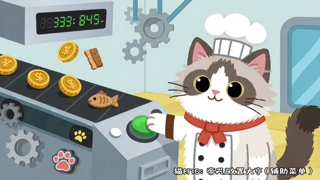 一只戴着厨师帽的布偶猫站在自动流水线旁边,流水线上不断有金币和鱼干掉落,猫咪用爪子按下控制台上的绿色按钮,背景是现代化的猫咪食品工厂,布局为竖向构图,风格为扁平化卡通插画,细节包括传送带、齿轮、控制面板上的数字显示屏、猫爪形状的指示灯,画质清晰,干净,无多余元素,画面中打上文字“猫咪帝国:放置大亨(辅助菜单)”