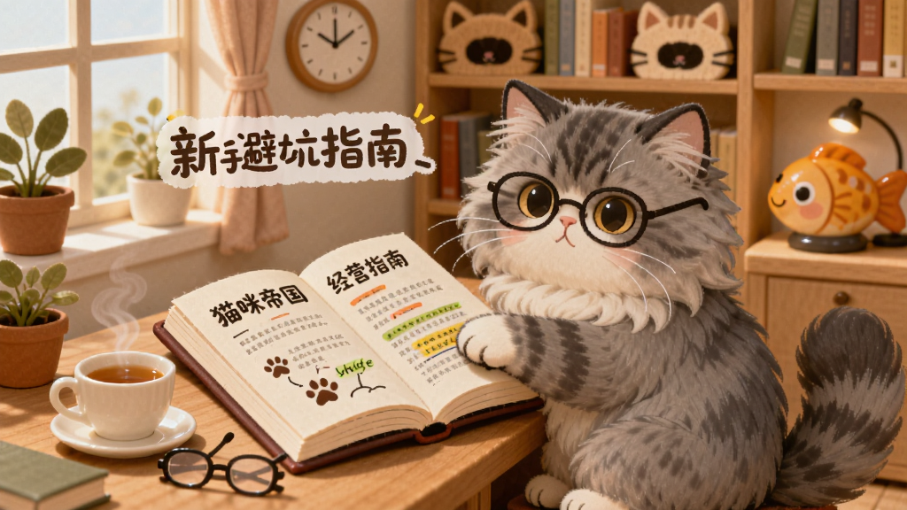 一只戴着眼镜的老年波斯猫坐在书桌前,桌上摊开一本《猫咪帝国经营指南》,旁边放着一杯热茶和一副老花镜,猫咪用爪子指着书上的重点标记,背景是温馨的书房,有猫咪形状的书架和鱼形台灯,布局为竖向构图,风格为温馨治愈的插画风格,细节包括书页上的猫爪笔记、窗台上的盆栽、墙上的猫咪挂钟,画质清晰,干净,无多余元素,画面中打上文字“新手避坑指南”