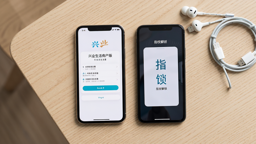兴业生活商户版新手安装设置流程图,画面为手机屏幕显示权限设置和指纹解锁界面,手机平放在浅色桌面上,旁边有耳机和数据线,布局为俯视角度,风格生活化实用摄影,细节包括屏幕文字清晰和桌面木纹,画质高清干净无多余元素