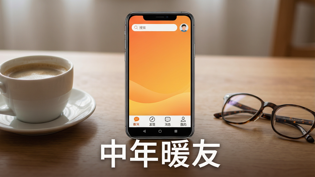 中年暖友安卓版下载安装界面预览图,画面中央是一部智能手机,屏幕上展示着中年暖友APP的主页界面,界面包含底部导航栏的聊天、发现、消息、我的四个图标,顶部有搜索框和用户头像,页面背景为温暖的橙黄色渐变,屏幕下方有“中年暖友”四个白色中文字,主体手机放置在木质桌面上,周围有咖啡杯和眼镜作为点缀,整体布局居中对称,风格温馨写实,细节精致,画质清晰,干净明亮,无多余元素
