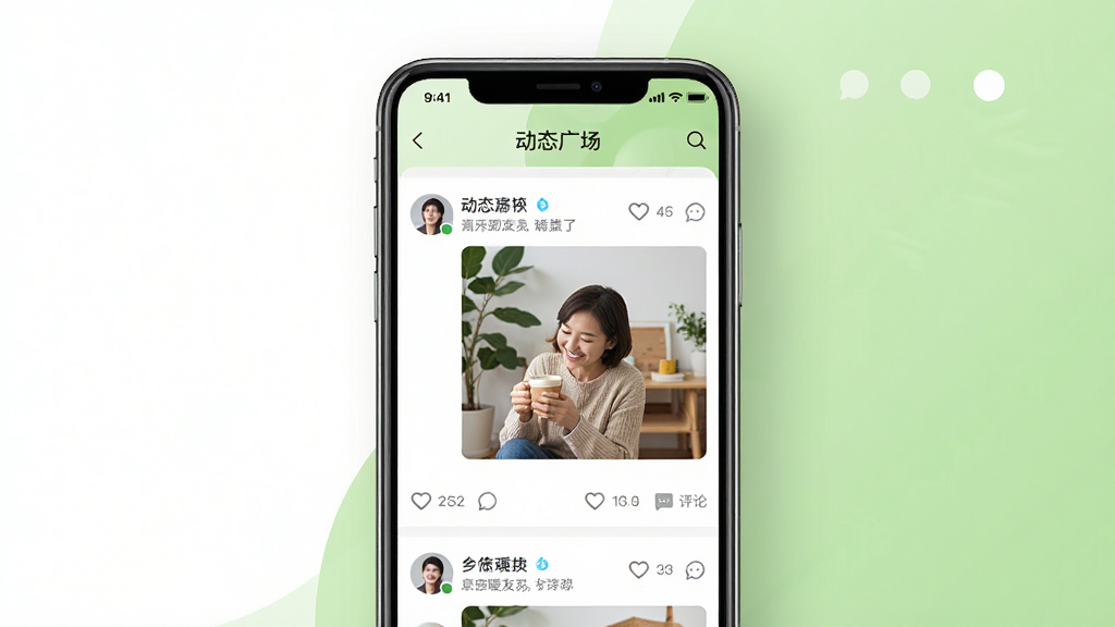中年暖友APP动态广场界面展示图,画面中央是一部手机,屏幕显示动态广场页面,包含用户头像、发布的生活照片、点赞和评论图标,页面顶部有“动态广场”标题,背景为白色和浅绿色搭配,布局整洁有序,风格清新自然,细节丰富,画质清晰,无多余元素