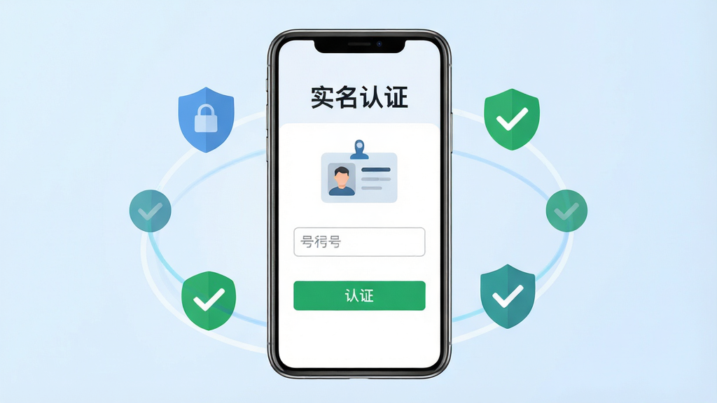 中年暖友APP真人实名认证功能界面展示图,画面中央是一部竖屏手机,屏幕显示认证页面,页面顶部有“实名认证”四个字,中间有身份证图标和手机号输入框,底部有绿色认证按钮,手机周围环绕着盾牌和勾选标记的图标,背景为淡蓝色渐变,布局简洁居中,风格扁平化设计,细节清晰,画质干净,无多余元素
