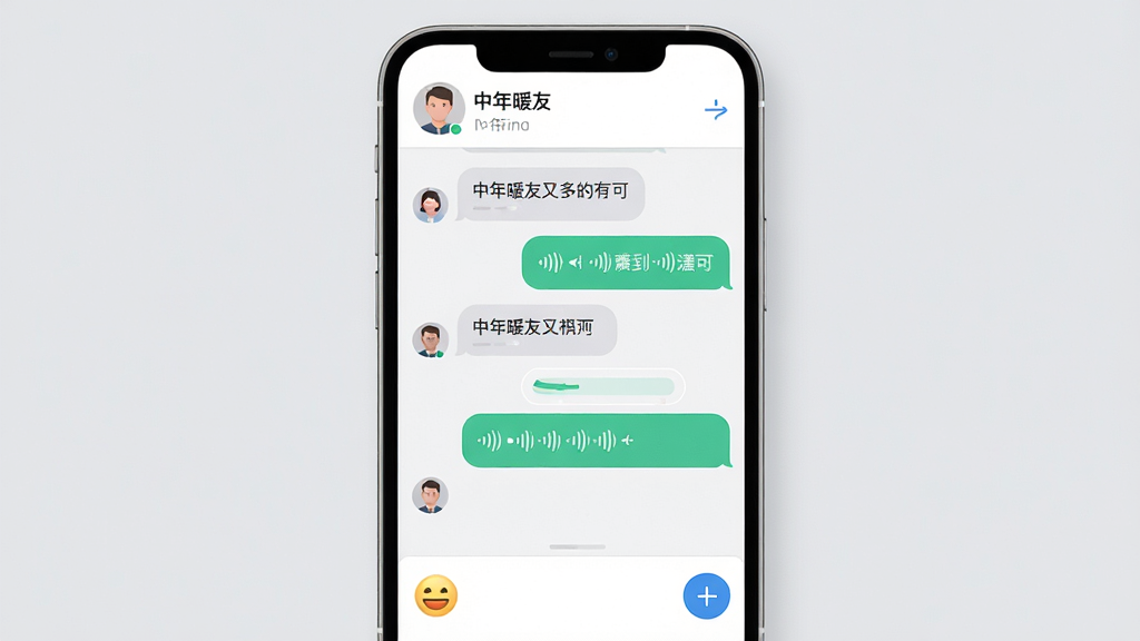 中年暖友APP聊天功能展示图,画面中央是一部智能手机,屏幕上显示聊天对话界面,对话气泡包含文字消息和语音条,底部有表情按钮和加号按钮,顶部显示对方头像和昵称,背景为浅灰色,布局简洁清晰,风格现代扁平,细节精致,画质干净,无多余元素