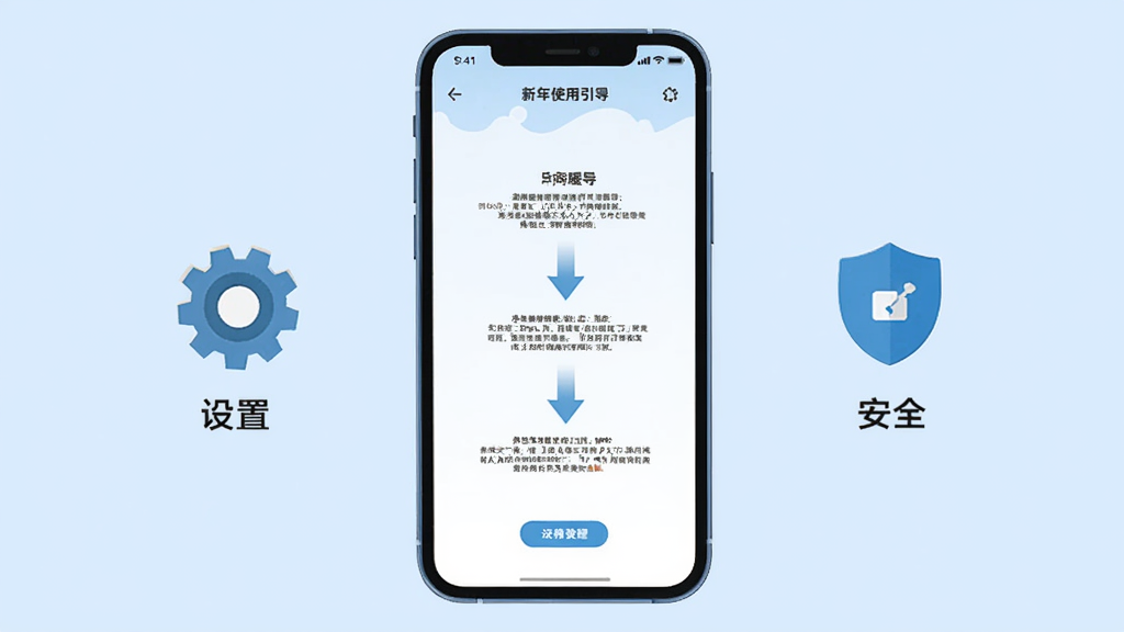 中年暖友APP新手使用教程示意图,画面中央是一部手机,屏幕显示APP的引导页面,页面有箭头指示和文字说明,手机旁边有齿轮图标代表设置,有盾牌图标代表安全,背景为浅蓝色,布局清晰明了,风格简洁扁平,细节干净,画质清晰,无多余元素