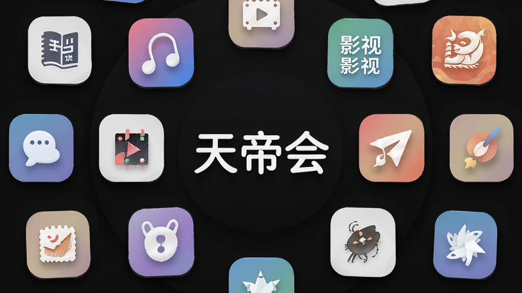 画面展示“天帝会”应用内多个兴趣圈子的并列展示,中央是“天帝会”文字标识,周围环绕着小说、音乐、影视、绘画等主题图标,布局为圆形环绕式,风格清新简约,细节包括图标阴影和渐变色块,画质清晰,画面干净,无多余元素
