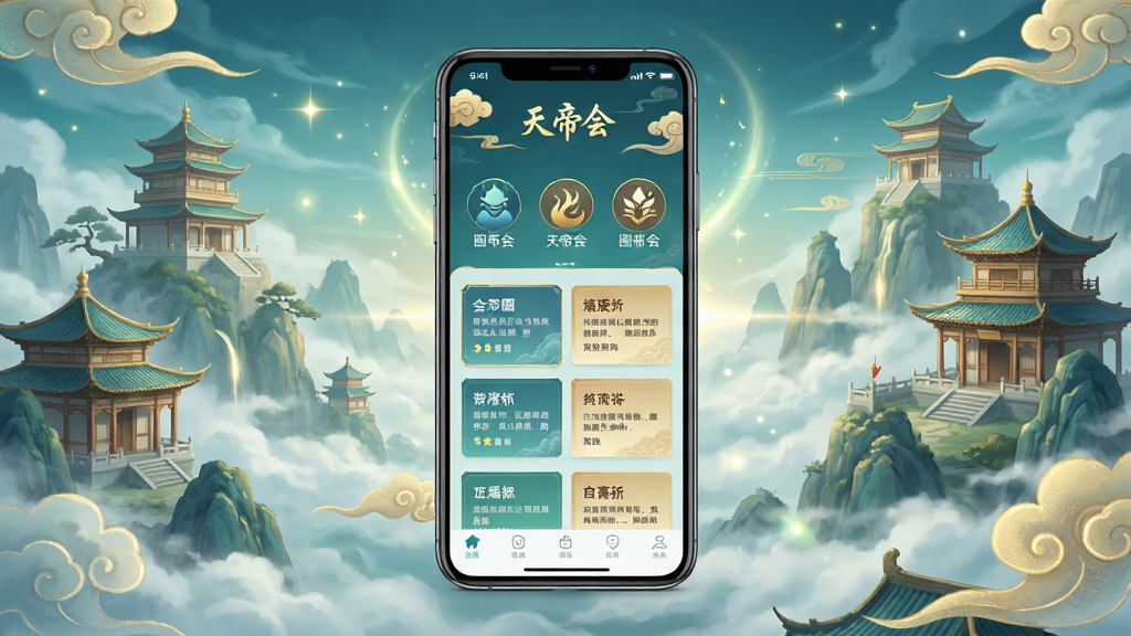 一幅国风玄幻风格的应用界面全景图,画面中央是手机屏幕展示“天帝会”应用主界面,界面中有多个圈子入口和话题卡片,背景为云雾缭绕的仙山楼阁,配色以青蓝与金色为主,整体布局居中对称,风格为国风插画,细节包括祥云纹样、光效点缀,画质高清,画面干净,无多余元素