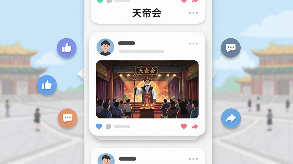 画面描绘“天帝会”动态广场界面,中央为一条图文动态卡片,卡片上有用户头像、文字内容和配图,周围散布点赞、评论、分享图标,布局为纵向信息流,风格为扁平化UI设计,细节包括卡片圆角和阴影,画质清晰,画面干净,无多余元素